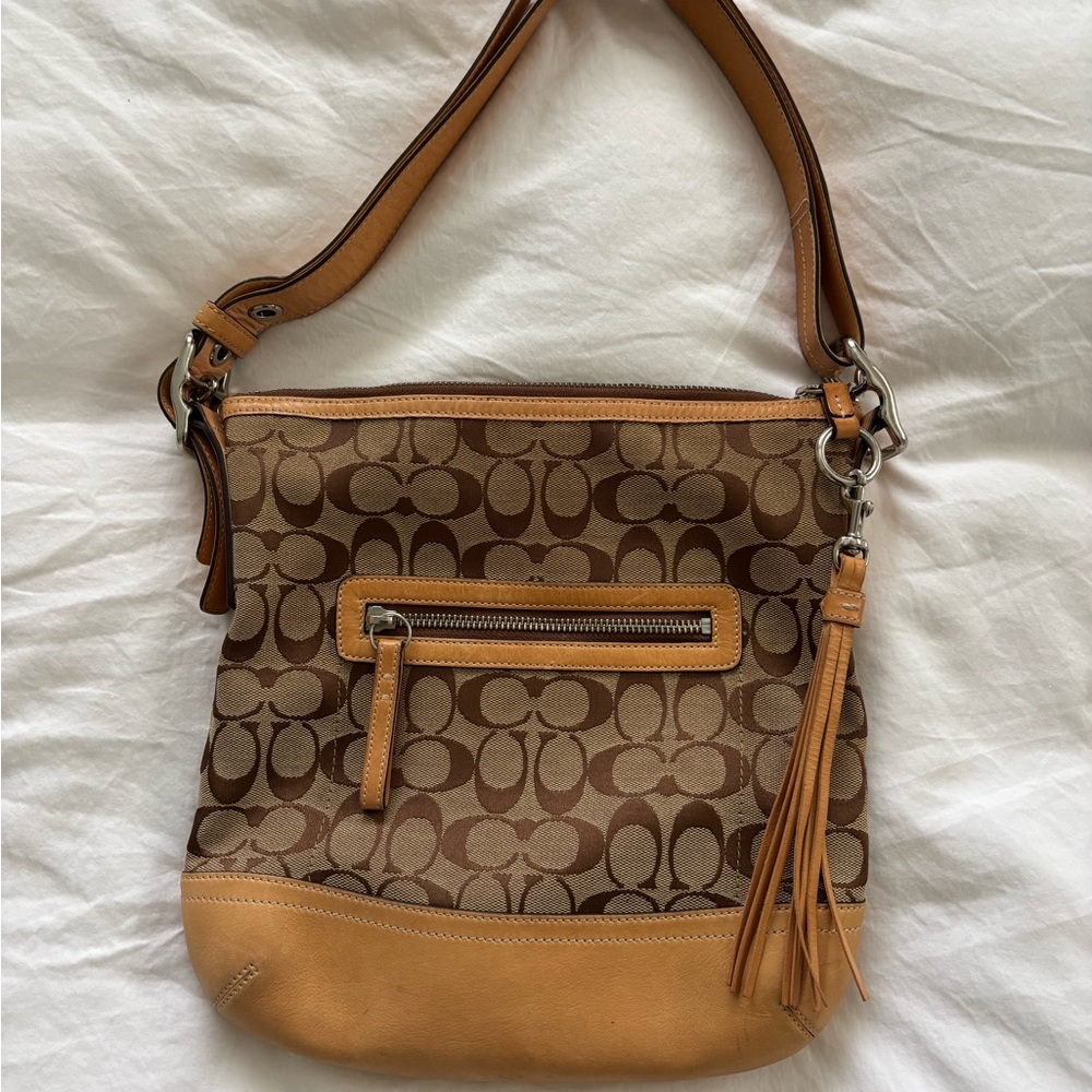 Coach Tan and Brown Signature Shoulder Bag